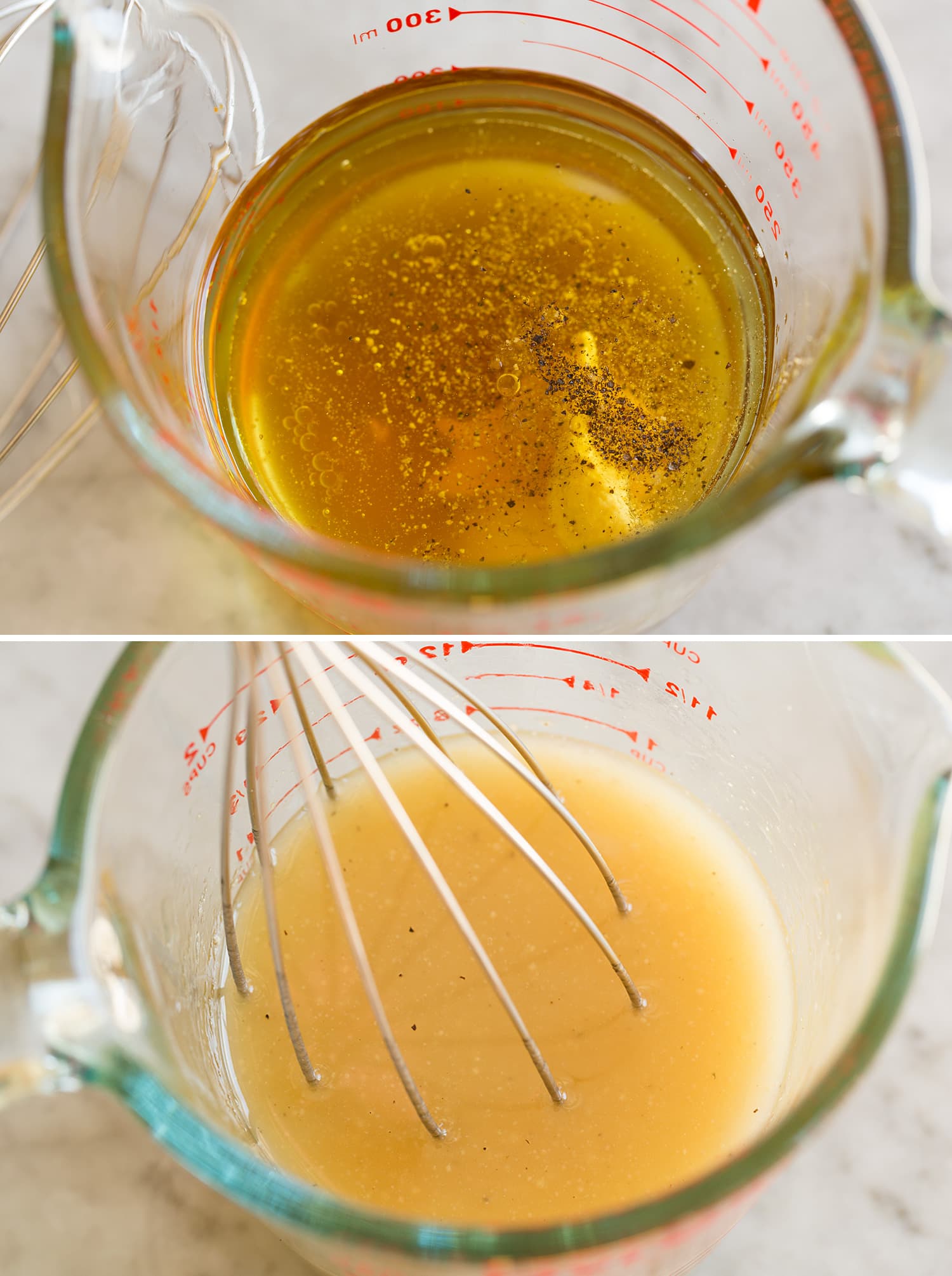 Apple Salad Vinaigrette dressing before and after mixing in glass cup.