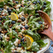Blueberry salad with spinach, arugula, pecans, feta and lemon poppy seed dressing.