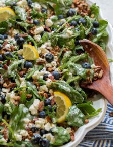 Blueberry salad with spinach, arugula, pecans, feta and lemon poppy seed dressing.