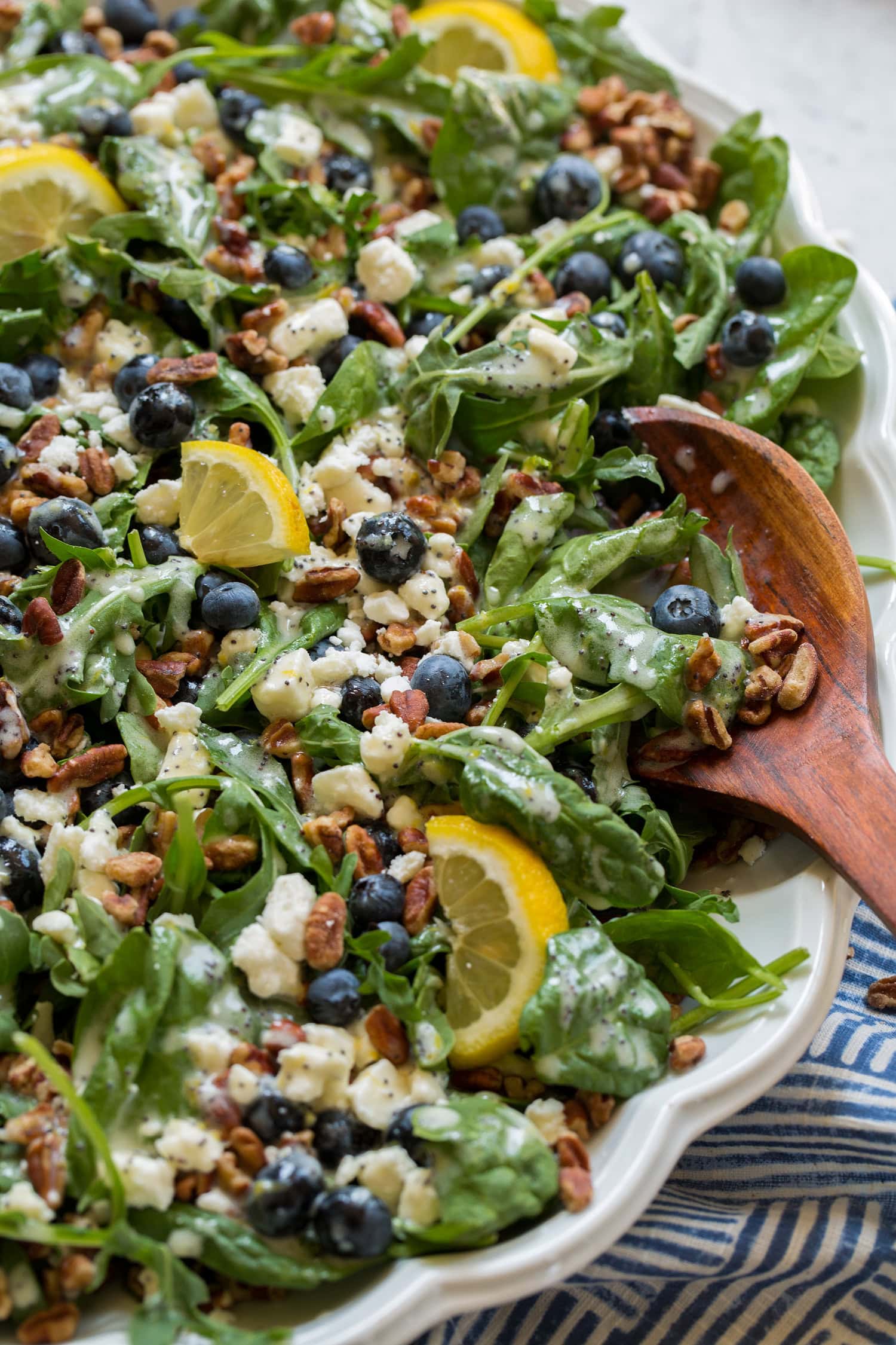 Blueberry salad with spinach, arugula, pecans, feta and lemon poppy seed dressing.