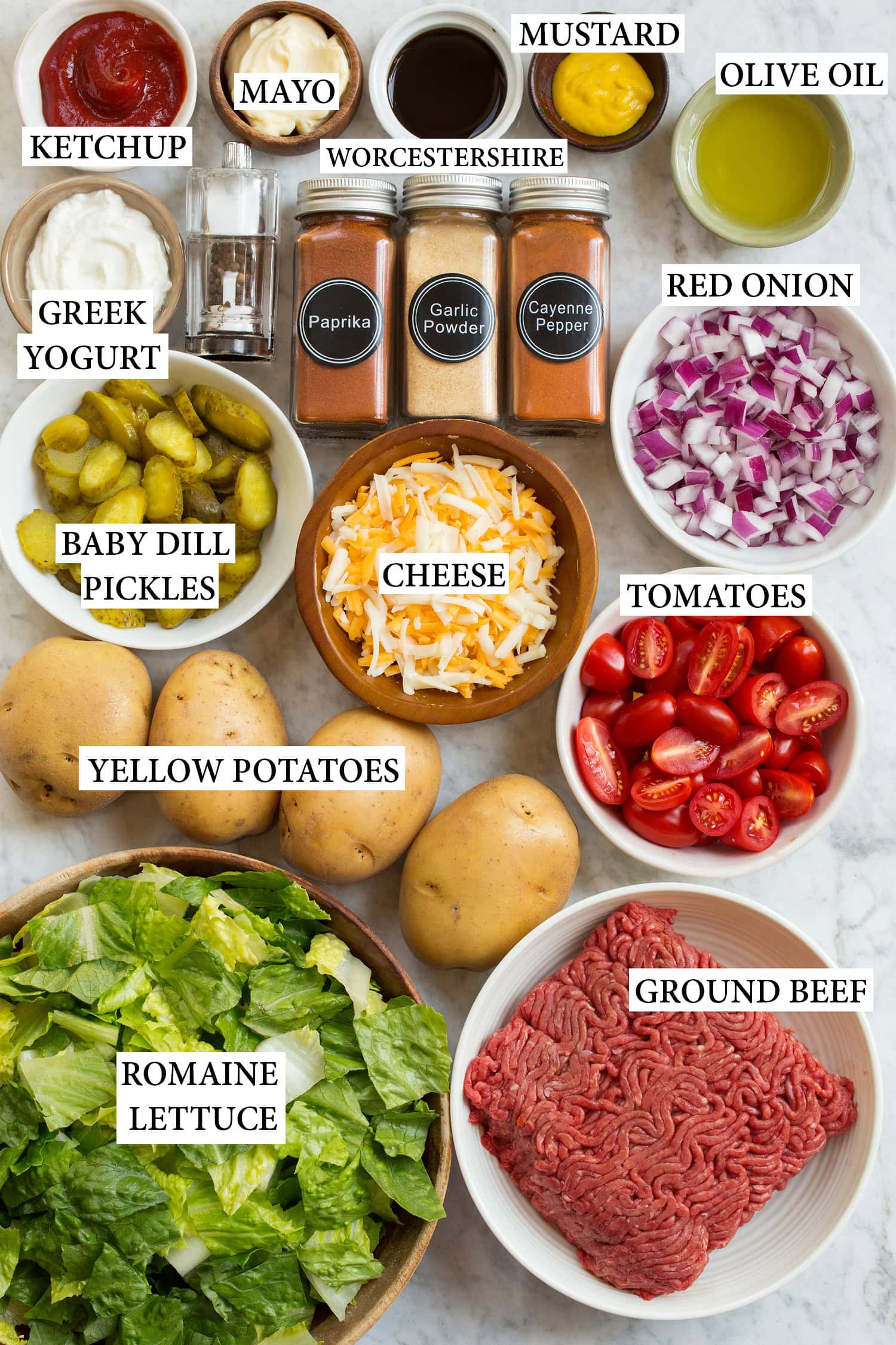 Ingredients used to make burger bowls.