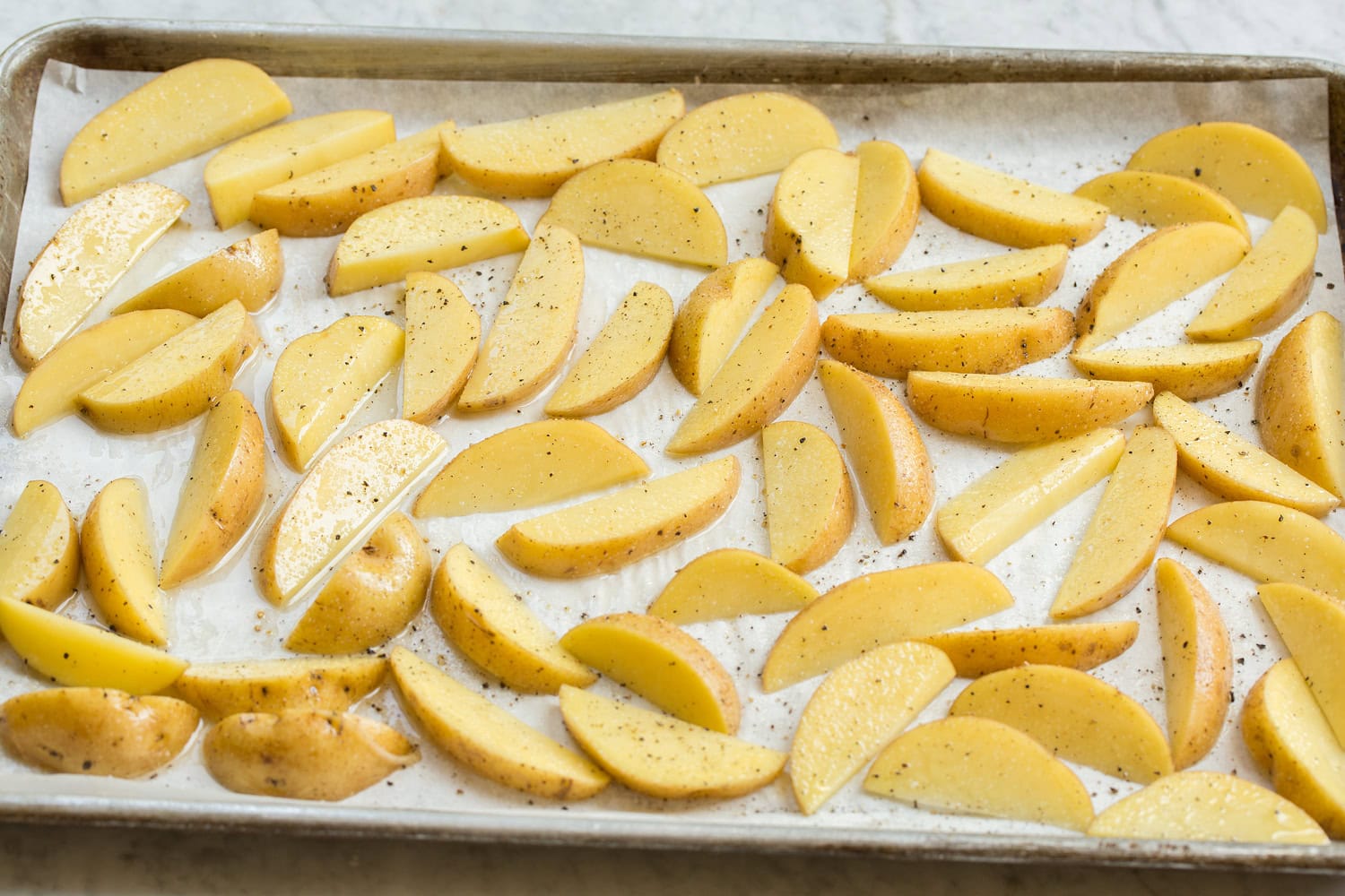 Oven fries shown before baking.