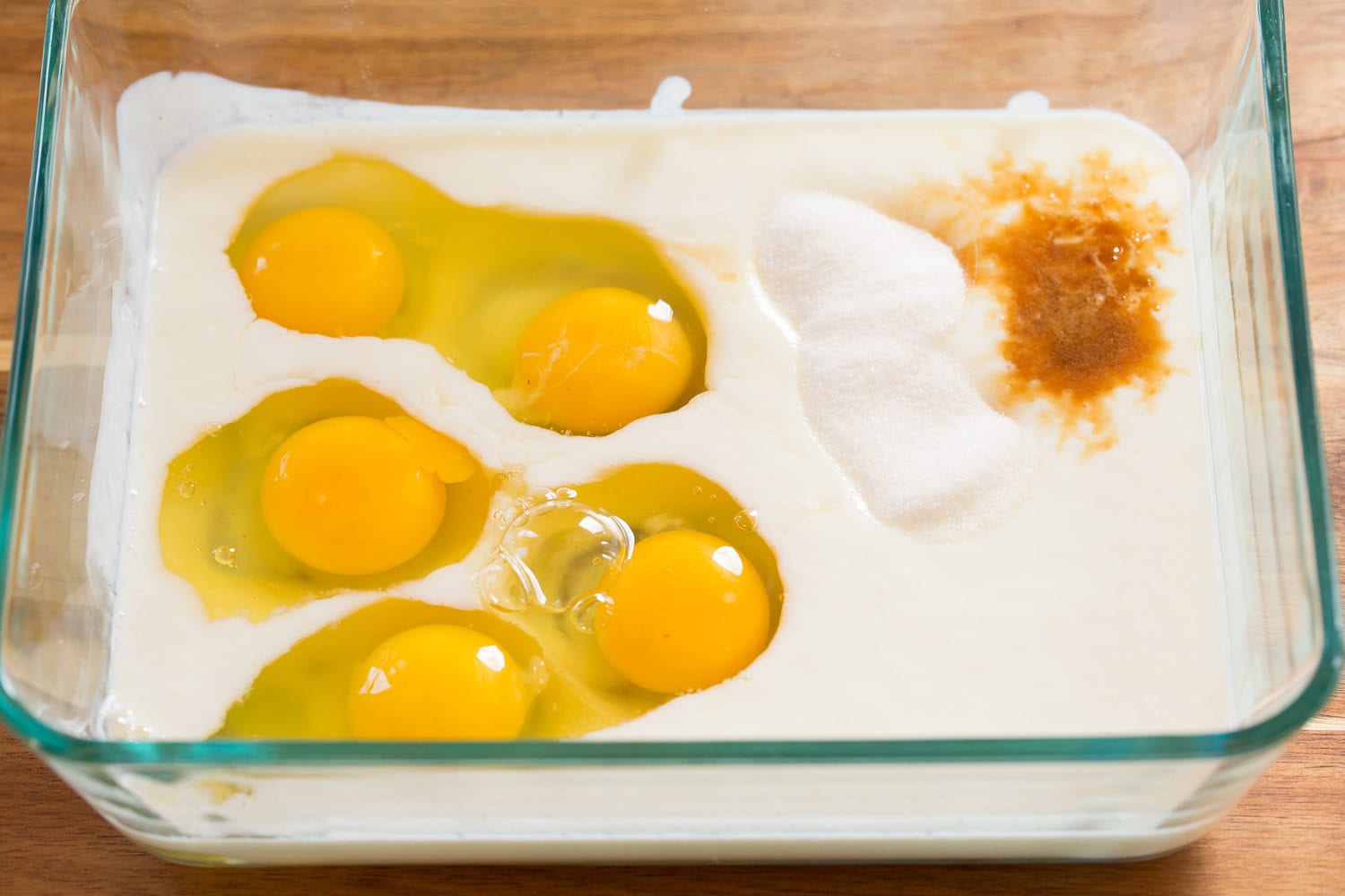 Buttermilk French Toast French toast custard ingredients shown in glass dish before mixing.