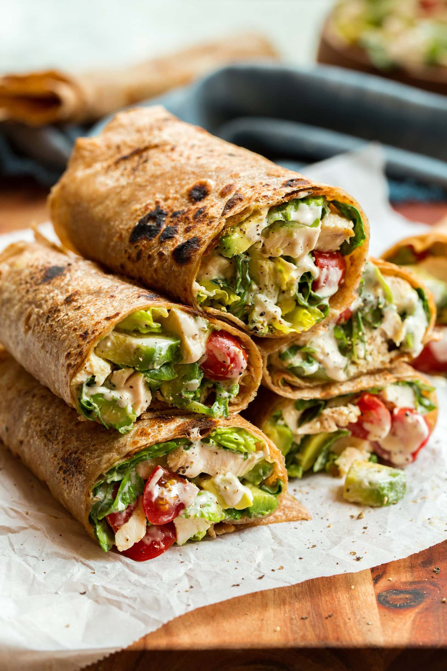 Chicken Caesar Wrap Stack of chicken caesar salad wraps