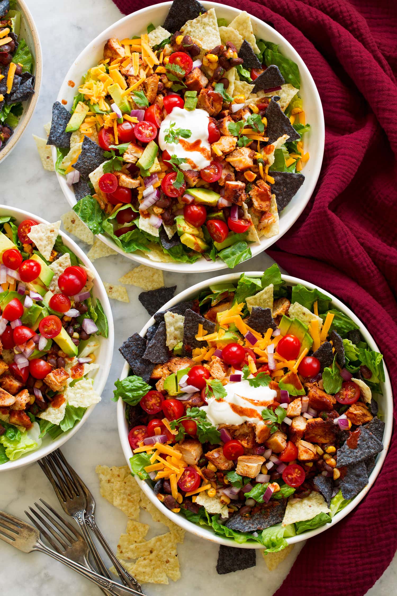 Chicken Taco Salad Overhead photo of three chicken taco salad bowls.