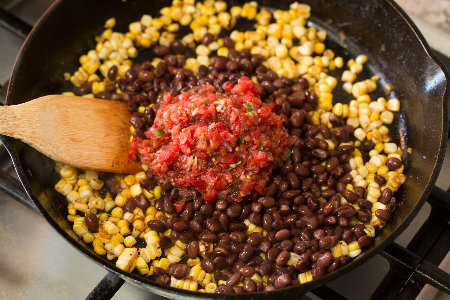 Chicken Taco Salad Adding black beans and salsa to corn.