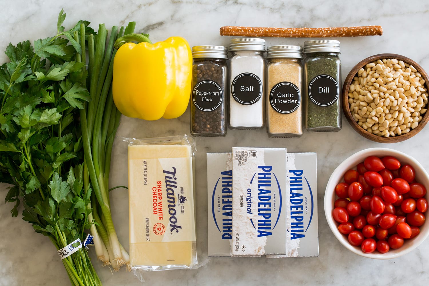 Christmas Tree Cheese Ball Ingredients needed to make a Christmas tree cheese ball.