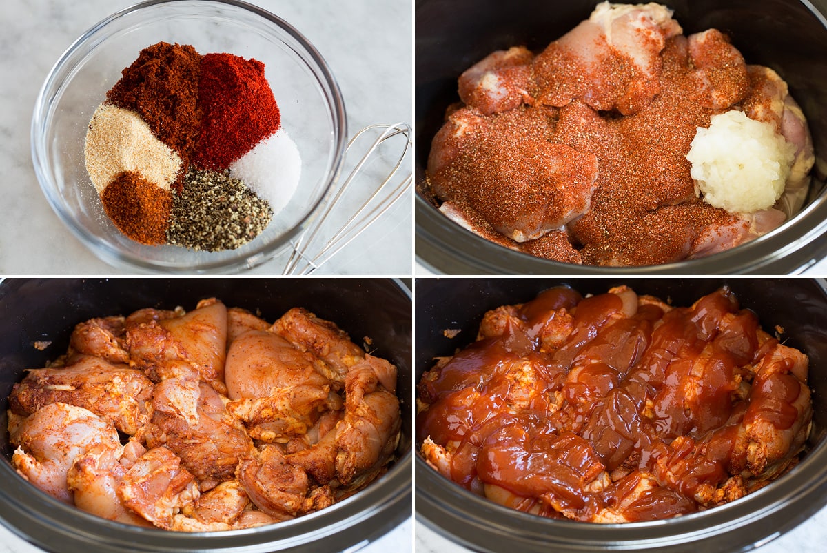 Crockpot BBQ Chicken Photo: Collage of four images showing steps to making bbq pulled chicken in a crockpot. Includes making spice mixture, tossing over chicken in slow cooker along with onion, then covering with bbq sauce.