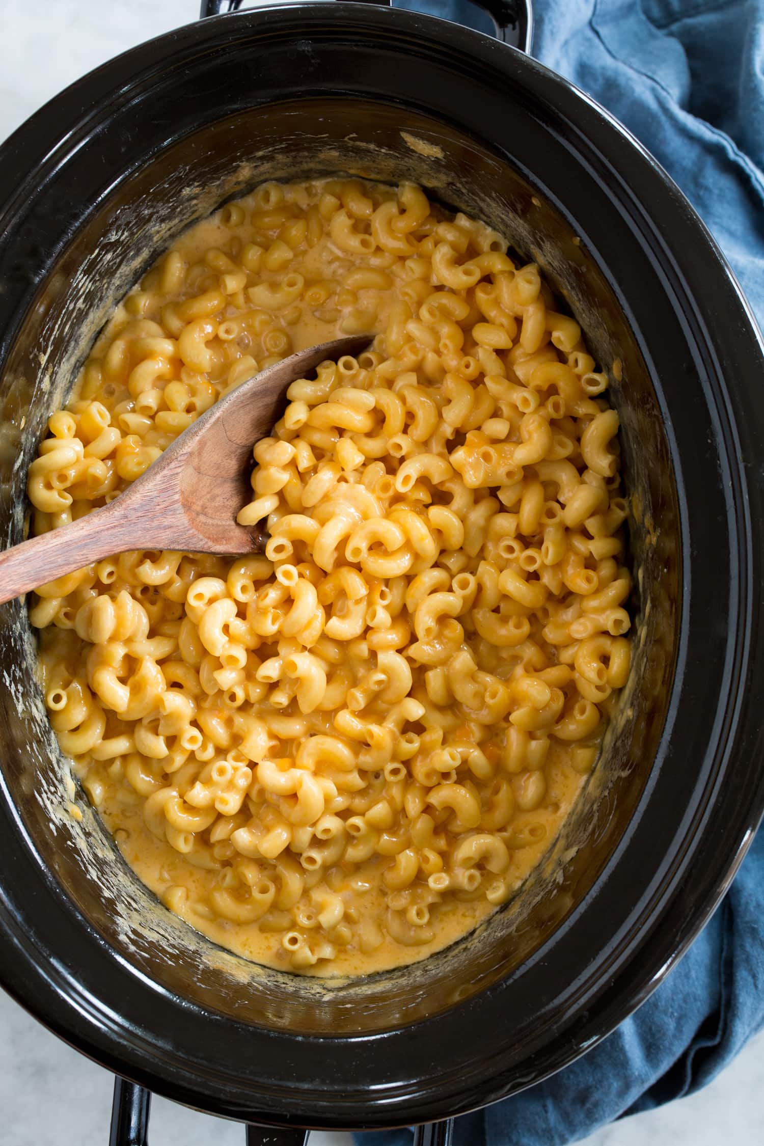 Crockpot Mac and Cheese Overhead photo of slow cooker macaroni and cheese.