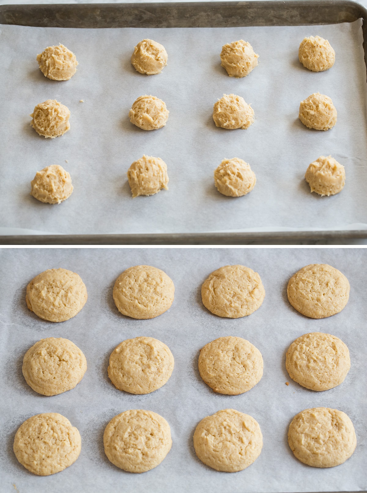 Eggnog Cookies Eggnog Cookies shown here before and after baking on parchment paper lined baking sheet.