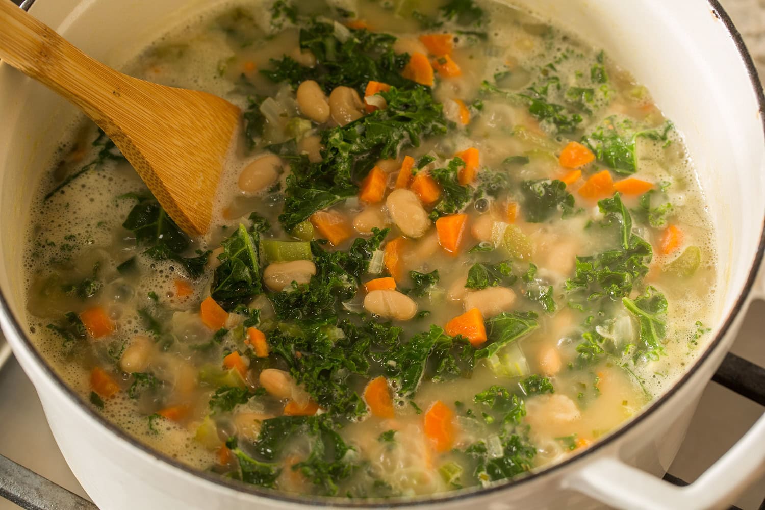Completed pot of kale white bean soup.