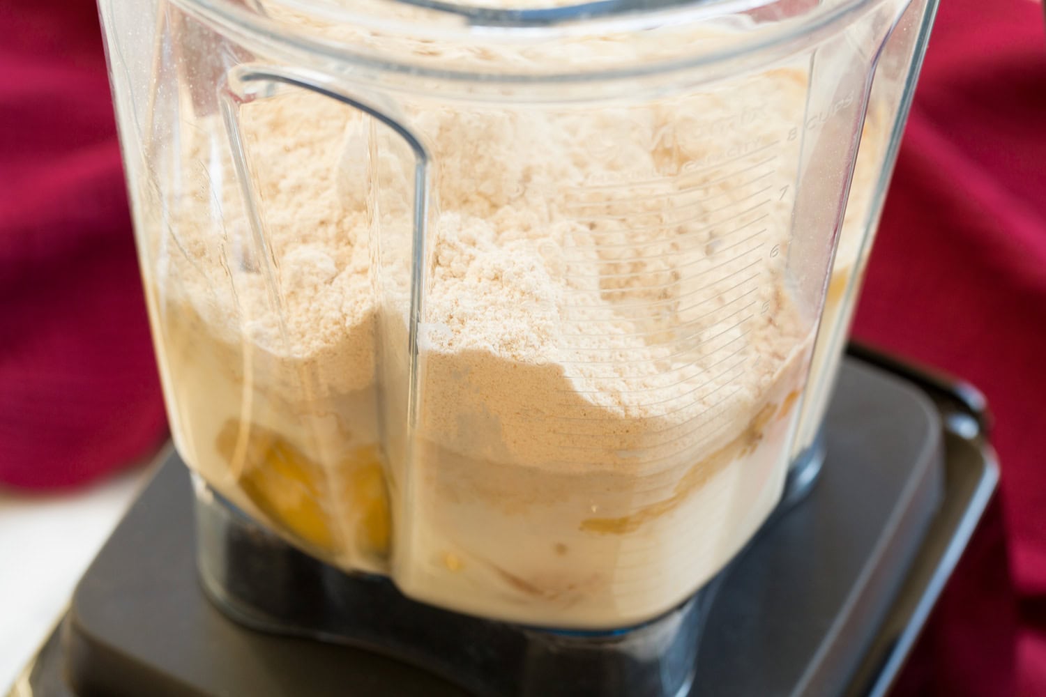 Oat flour crepe mixture in a blender before blending.