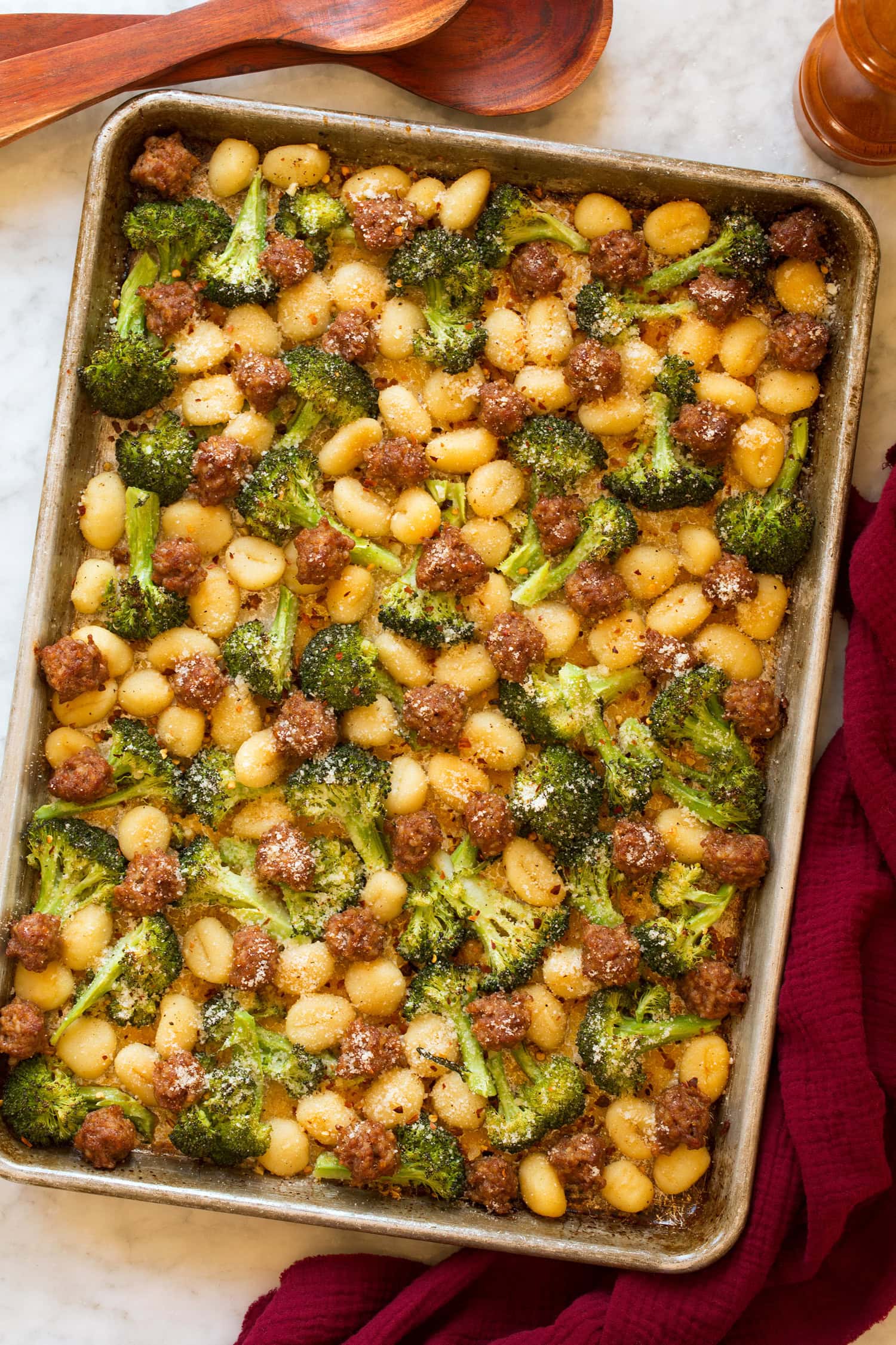 Sheet Pan Gnocchi with Sausage and Broccoli Overhead photo of sausage gnocchi sheet pan dinner.