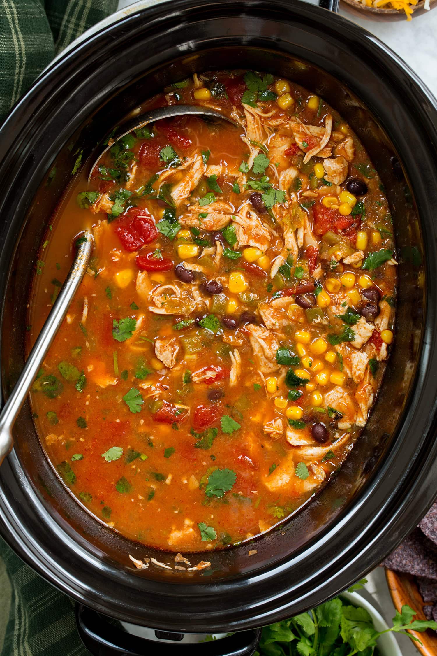 Completed chicken tortilla soup in crockpot.