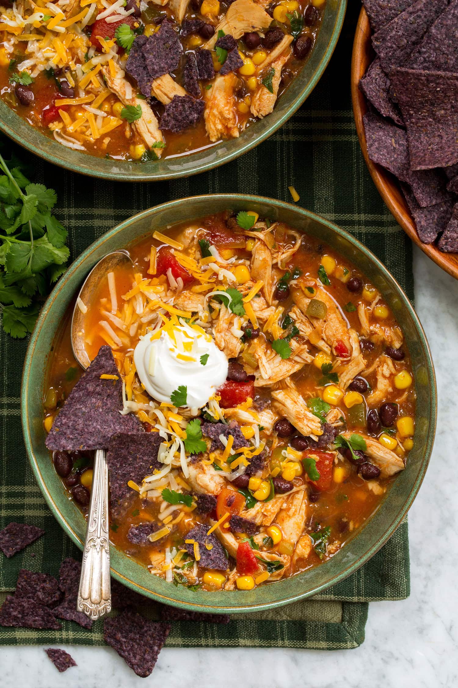 Serving of crockpot chicken tortilla soup shown from above.