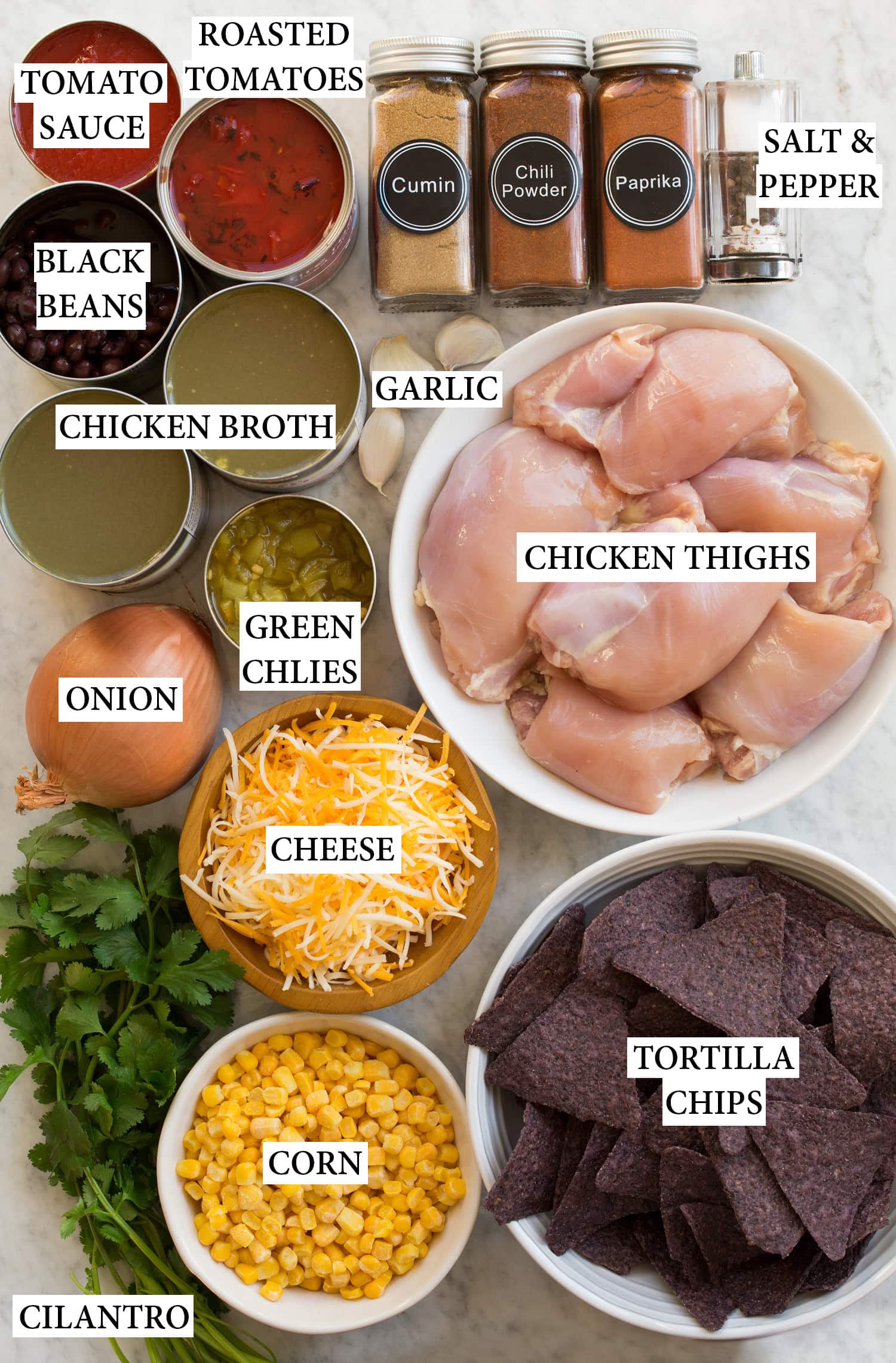 Ingredients used to make slow cooker chicken tortilla soup.