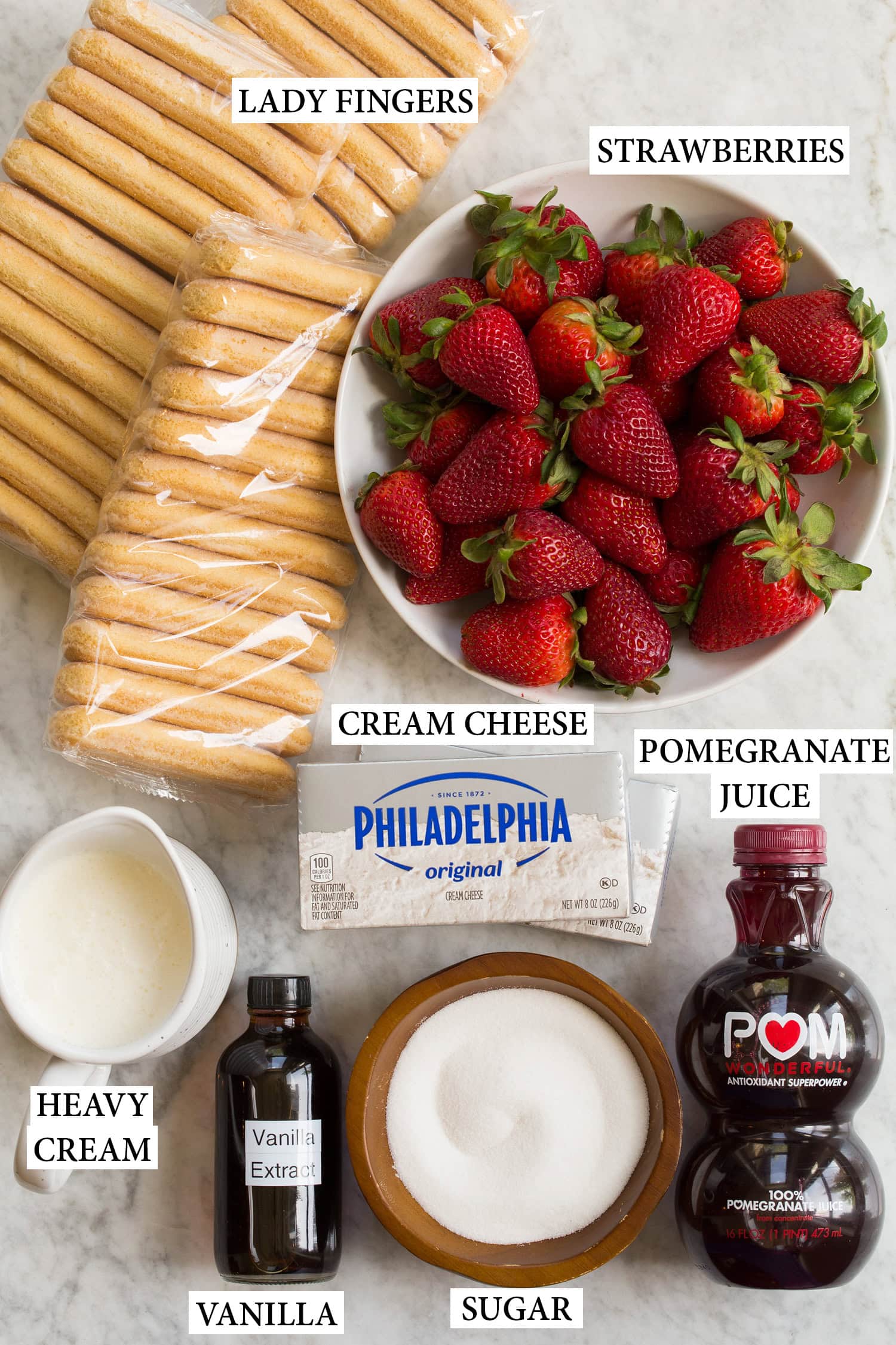 Ingredients used to make strawberry cheesecake tiramisu.