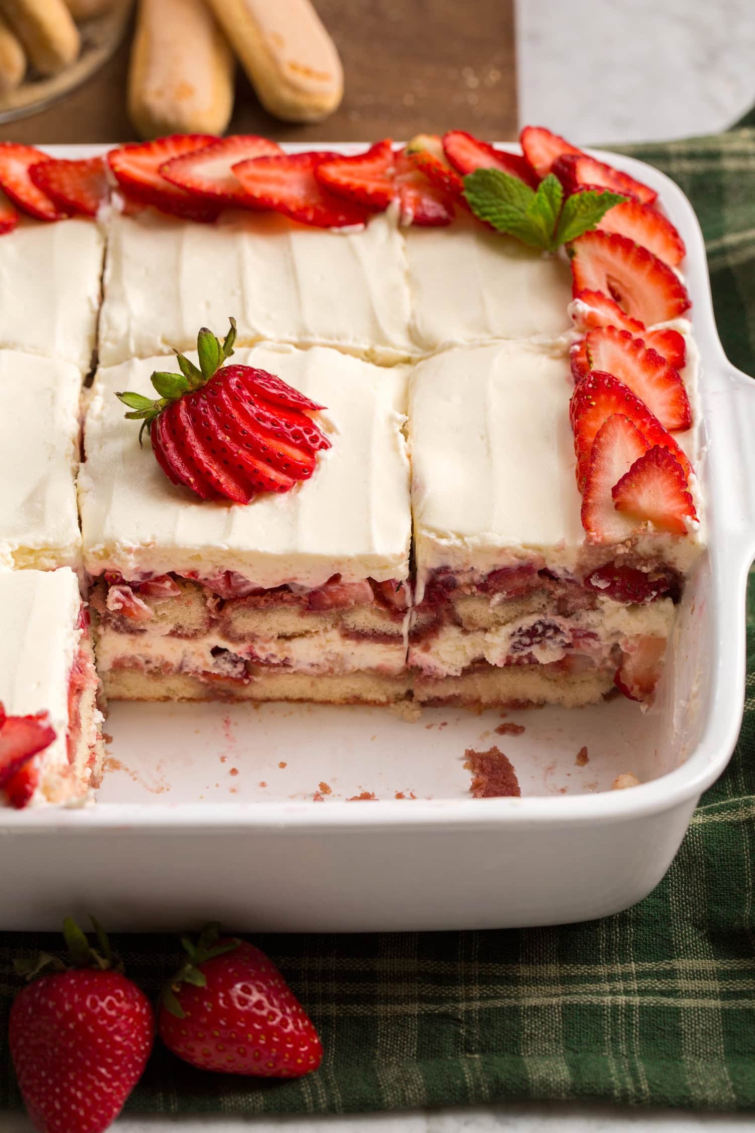 Sliced strawberry tiramisu.