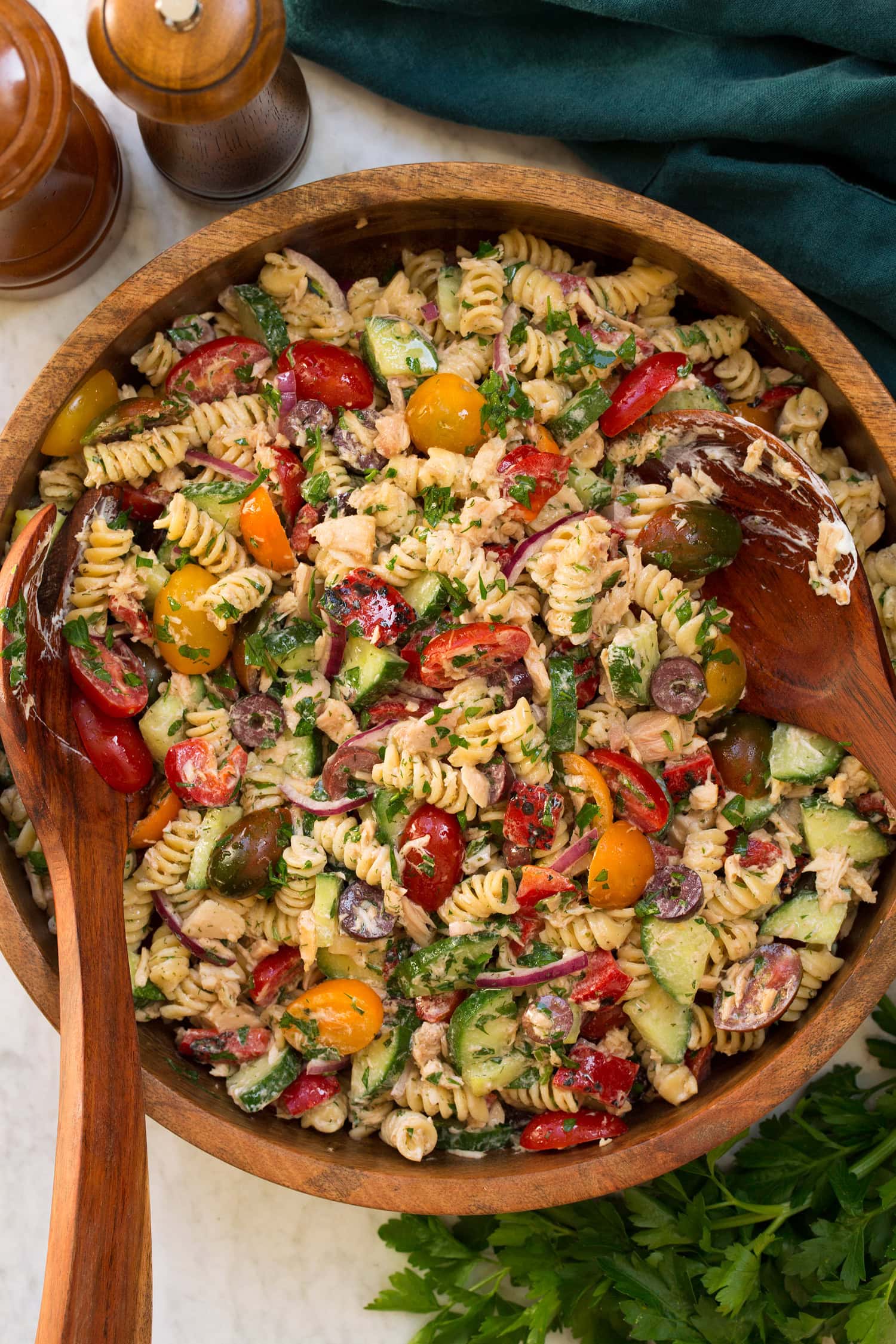 Tuna pasta salad shown overhead.