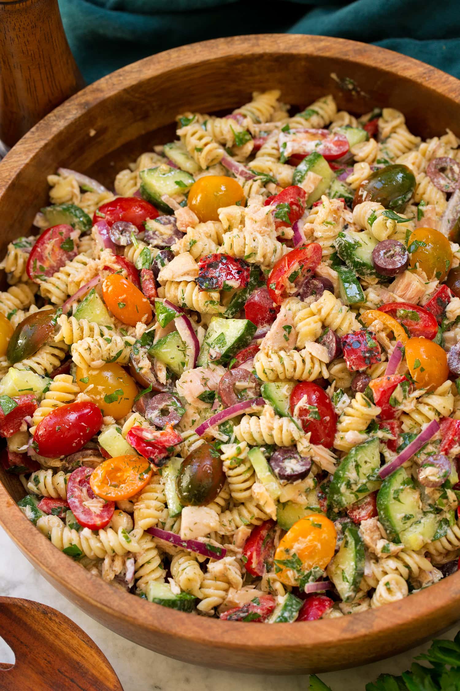 Rotini pasta salad with Mediterranean style fresh vegetables, herbs and tuna.